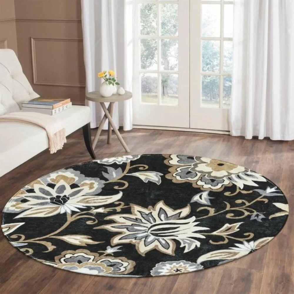 New 5Ft Black Floral Round Rug, Washable, Non-Slip Ultra-Thin Accent Carpet